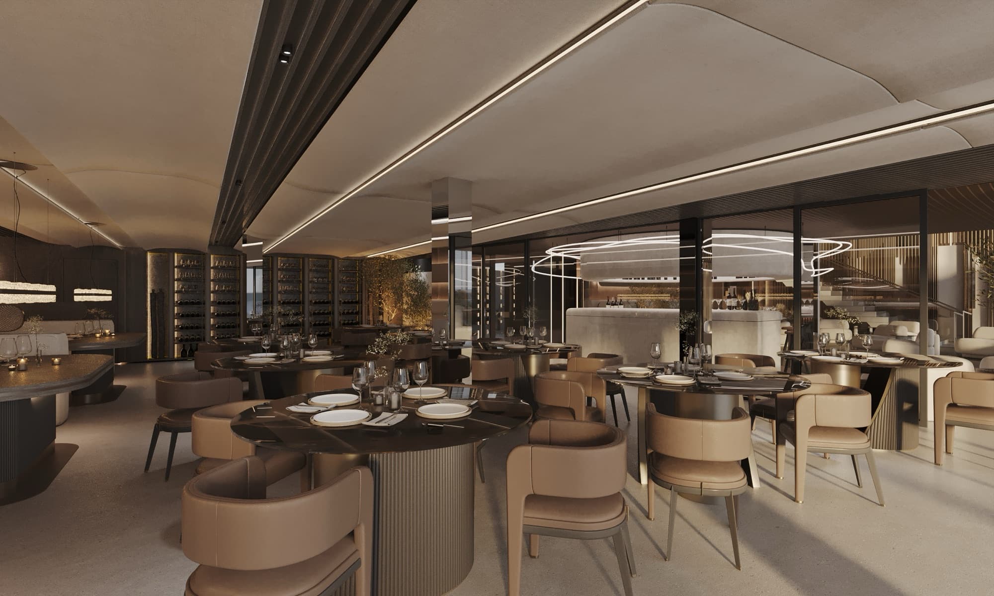 Salle du restaurant gastronomique de l’hôtel Elmar, avec sa cave à vin et son bar